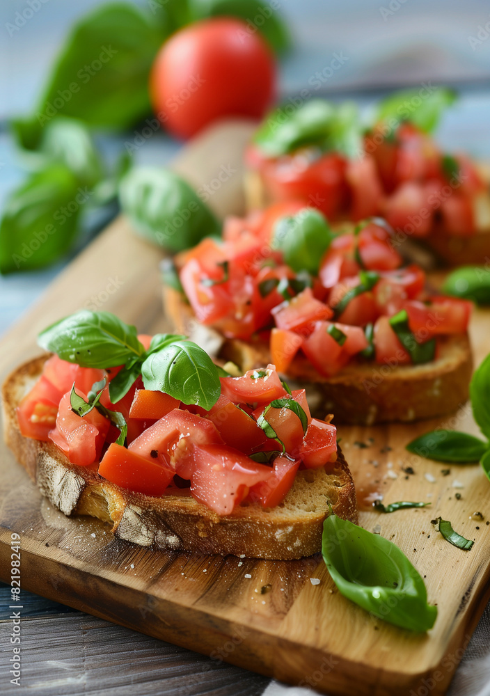 Tomato Bruschetta with Fresh Basil on Wooden Cutting Board Tomato Bruschetta with Fresh Basil on Wooden Cutting Board