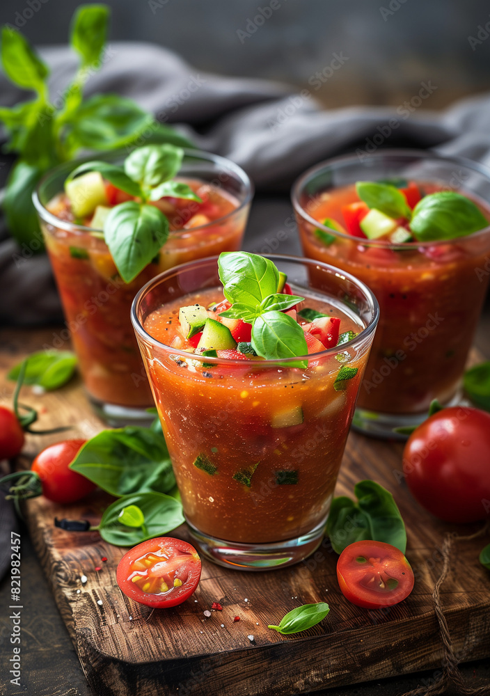 Fresh Gazpacho in Glasses with Basil and Chopped Vegetables on Rustic Board Fresh Gazpacho in Glasses with Basil and Chopped Vegetables on Rustic Board