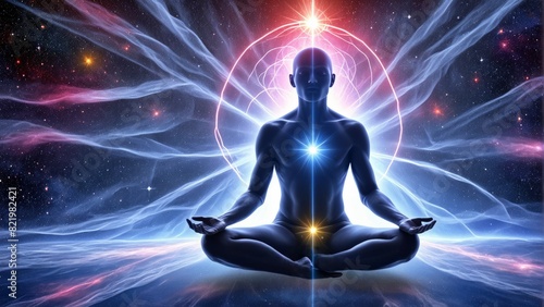 a meditating yogi in the lotus position with the image of the chakras emits rays in the middle of space and stars photo