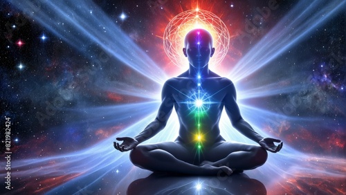 a meditating yogi in the lotus position with the image of the chakras emits rays in the middle of space and stars
