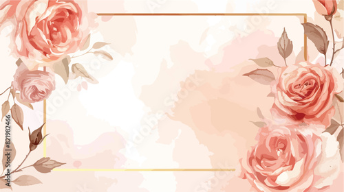 Watercolor peach rose flower golden frame for wedding