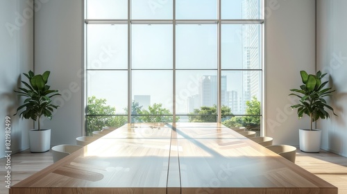 Meeting room interior with table and panoramic window. Mock up frame © Bundi