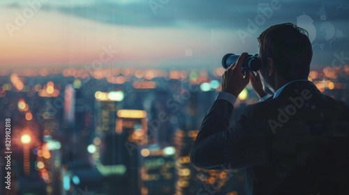 With binoculars, a businessman searches for opportunities in the cityscape. Ai generated by algorithms photo