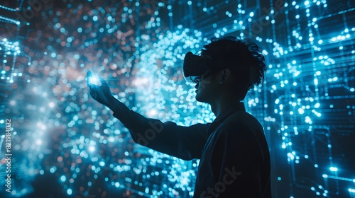 Neon Future: Man Interacts with VR Technology in Silhouette