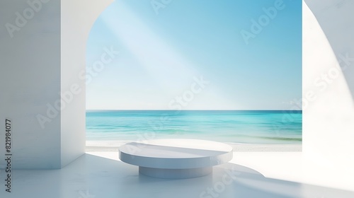 white podium resting elegantly on a pristine white table  evoking images of sunny shores and gentle melodies.