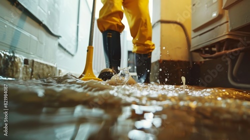 Taking out floodwater in a basement or electrical room after a leak. Concept Flooded Basement, Leaking Pipes, Electrical Hazards, Emergency Restoration photo
