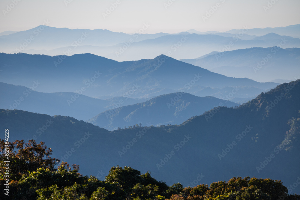 beautiful view of mountain with clouds at sunrise (Doi Inthanon National Park, Chiang Mai), soft focus beautiful view of mountain with clouds at sunrise (Doi Inthanon National Park, Chiang Mai), soft focus