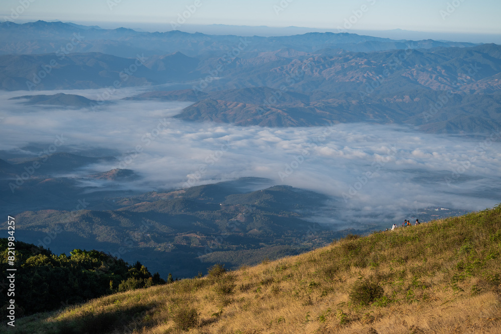 beautiful view of mountain with clouds at sunrise (Doi Inthanon National Park, Chiang Mai), soft focus beautiful view of mountain with clouds at sunrise (Doi Inthanon National Park, Chiang Mai), soft focus