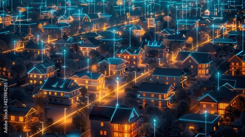 The Smart Home Digital Community Neighborhood in a Suburban Area - Night View with Interconnected Houses and Data Transmissions, IoT Concept Image