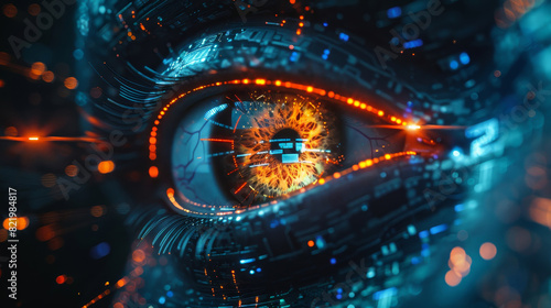 Futuristic cyber eye scanning digital threats in a high-tech interface. © GENi