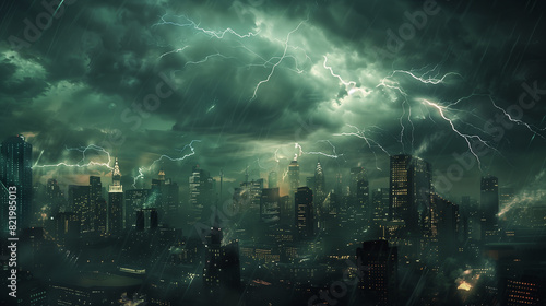A cityscape with a stormy sky and lightning bolts. Scene is dark and ominous