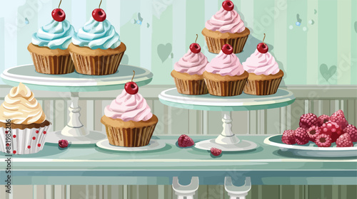 Dessert stand with tasty cupcakes on table Vector style