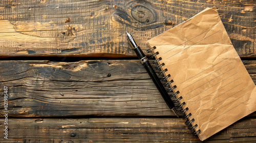 A notebook with lined pages on a rustic wooden surface.