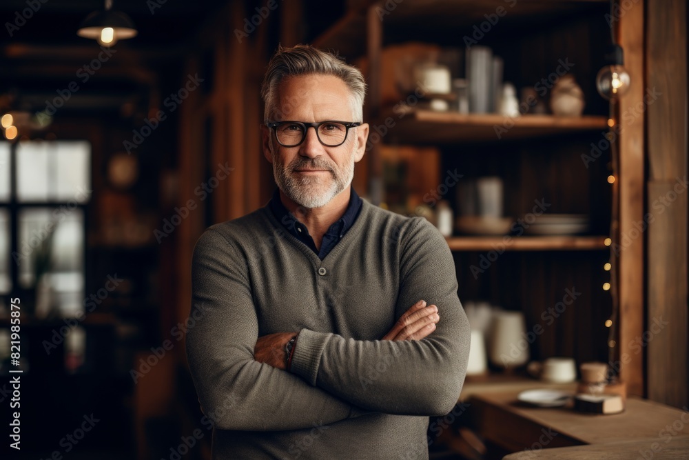 Portrait of a glad man in his 50s with arms crossed while standing against scandinavian-style interior background Portrait of a glad man in his 50s with arms crossed while standing against scandinavian-style interior background
