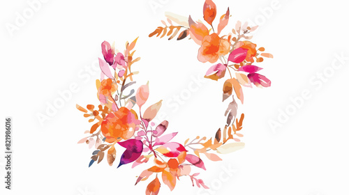 Watercolor pink orange wreath with circle for wedding