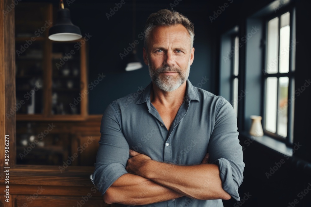 Portrait of a glad man in his 50s with arms crossed in scandinavian-style interior background Portrait of a glad man in his 50s with arms crossed in scandinavian-style interior background