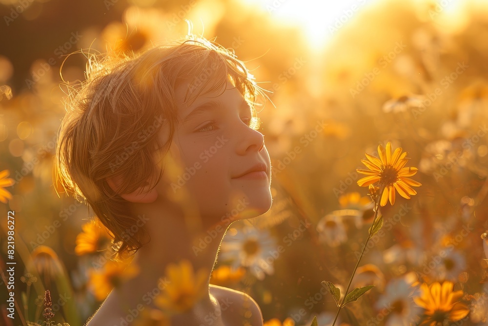 little boy on floral meadow little boy on floral meadow