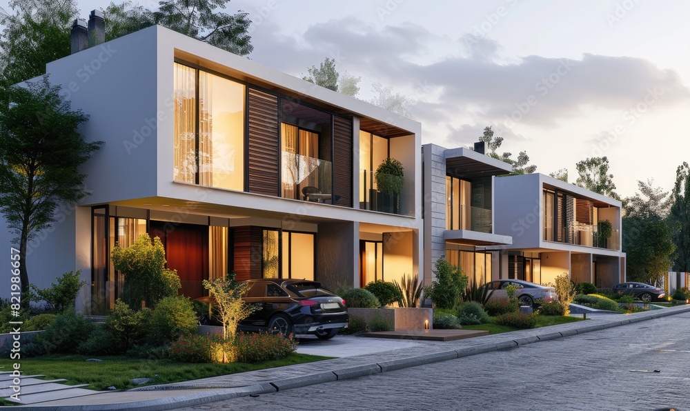 Residential modern modular townhouse with minimalist architecture and stunning exteriors