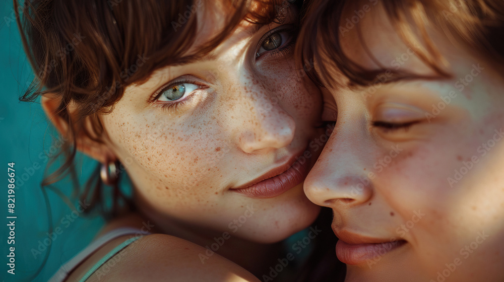Portrait of LGBT couple, their clear eyes locked in a loving gaze Portrait of LGBT couple, their clear eyes locked in a loving gaze