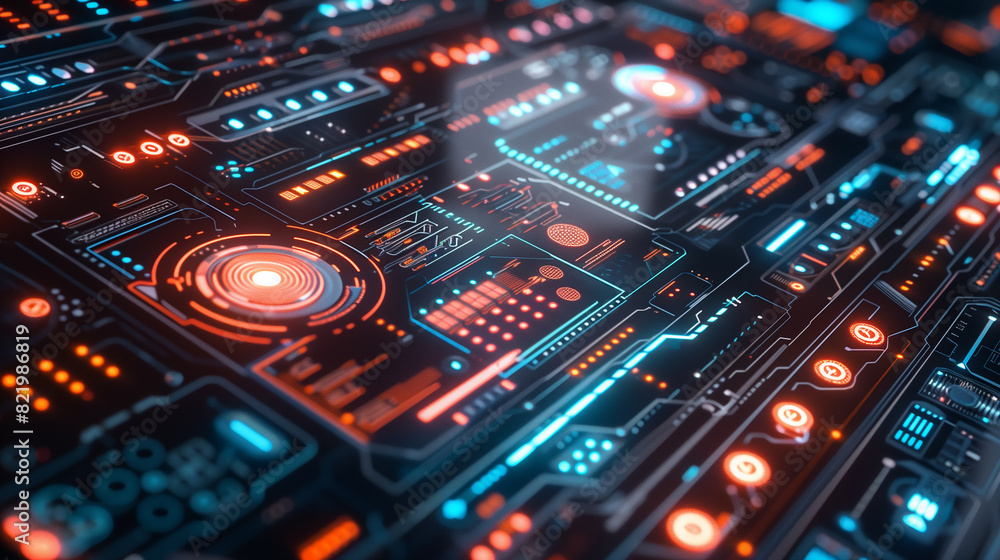 A computer monitor with a blue screen and red and blue lights