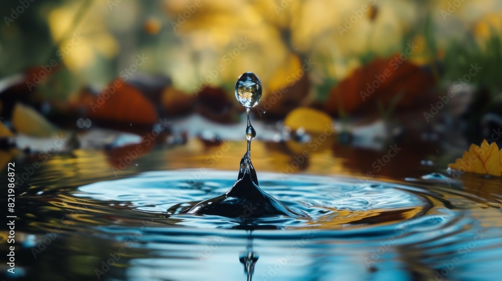 Crisp water droplet creates a symmetrical splash in a forest pond, surrounded by colorful autumn leaves under a clear sky. Crisp water droplet creates a symmetrical splash in a forest pond, surrounded by colorful autumn leaves under a clear sky.