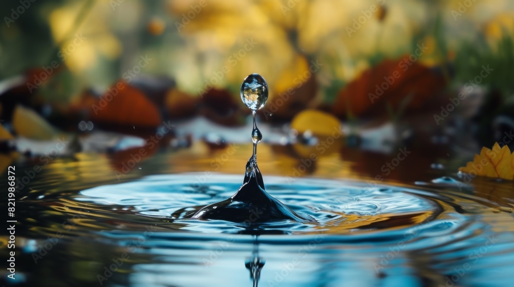 Crisp water droplet creates a symmetrical splash in a forest pond, surrounded by colorful autumn leaves under a clear sky.