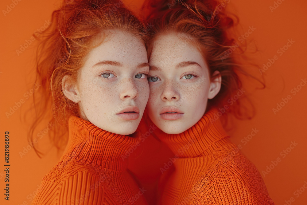 Portrait two twin sisters with natural red hair and freckles. In orange turtlenecks on an orange background