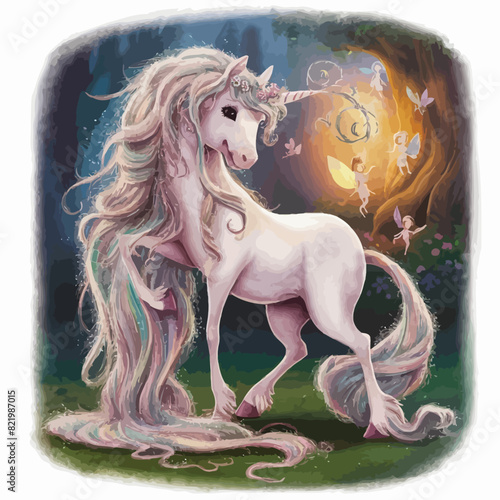 Whimsical unicorn with a flowing mane illustration
