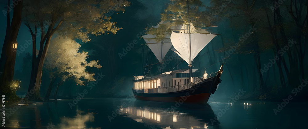 A majestic river boat glides through the tranquil waters, its reflection shimmering in the moonlight. The towering trees on the riverbank sway gently in the breeze