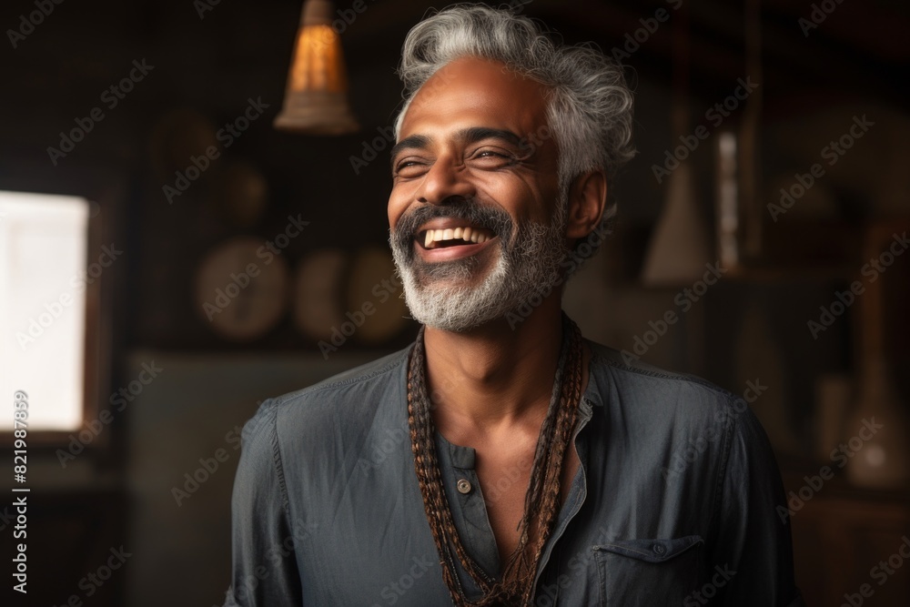 Obraz premium Portrait of a joyful indian man in his 50s laughing on scandinavian-style interior background