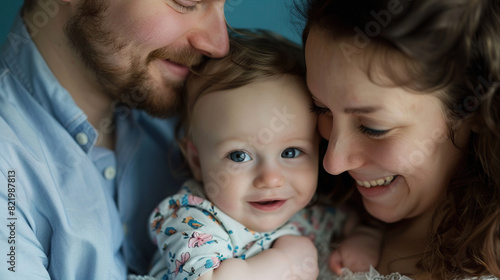 Lovely couple share love and tenderness to child rests peacefully in their arms