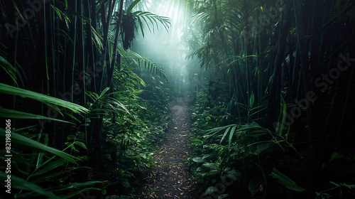 Enchanted jungle path shrouded in mist