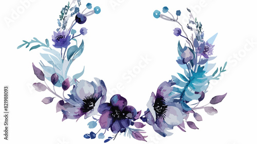 Watercolor purple turquoise floral wreath isolated on