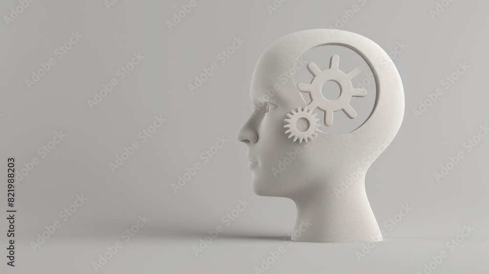 white 3D head model with visible gears inside, thinking, cognition, and mental processes. The minimalist design and monochromatic color scheme emphasize the mechanical aspect of the mind