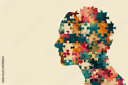 Illustration banner design of human profile made of colorful puzzle pieces. Knowledge and logic concept. Header with connecting jigsaw puzzle pieces with copy space 
