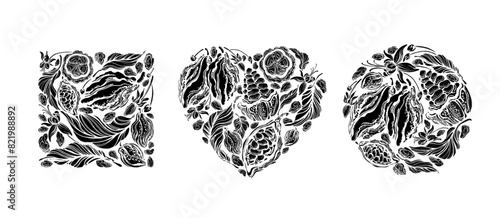 Cocoa grunge set Organic chocolate Raw bean Symbol