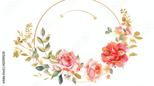 Watercolor rose flower wreath with golden circles for