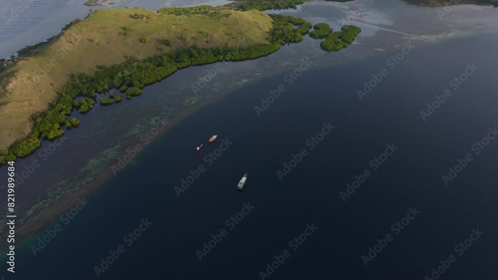 Aerial view of tranquil tropical island coastline, Flores Sea, Indonesia. Aerial view of tranquil tropical island coastline, Flores Sea, Indonesia.