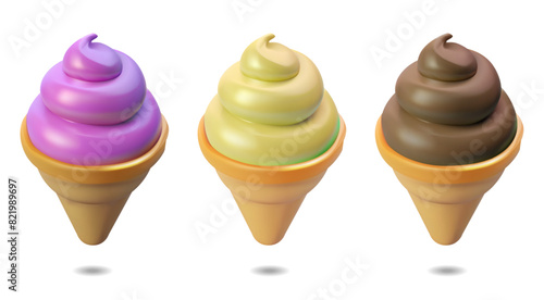 Ice cream cone 3d design set. Milk vanilla fruit and chocolate ice cream 3d vector illustration. Set isolated on white background. Waffle cone with different flavors