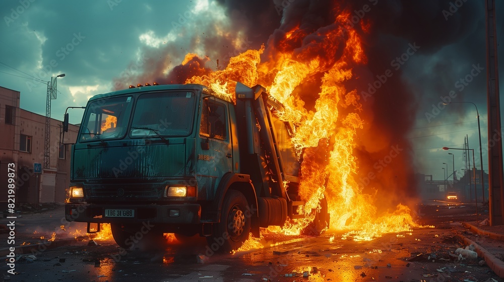 A bright cobalt garbage truck engulfed in flames in an industrial area, A bright cobalt garbage truck engulfed in flames in an industrial area,