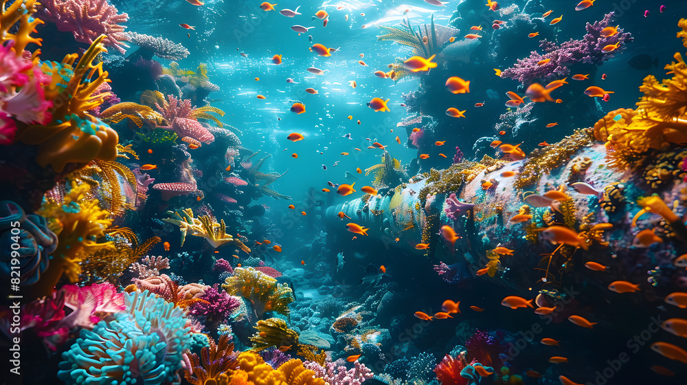 Showcase the underwater environment where submarine cables are installed, with colorful coral reefs and diverse marine life coexisting alongside the Showcase the underwater environment where submarine cables are installed, with colorful coral reefs and diverse marine life coexisting alongside the