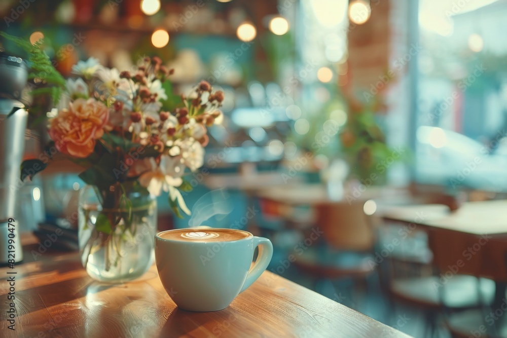 A white coffee cup with steam rising from it sits on a wooden table in a cafe A white coffee cup with steam rising from it sits on a wooden table in a cafe