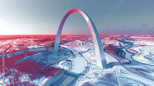 Very modern national park background wallpaper, backdrop, texture, Gateway Arch, Missouri USA, America, isolated. LIDAR model, elevation scan, topography map, 3D design render, topographic photo