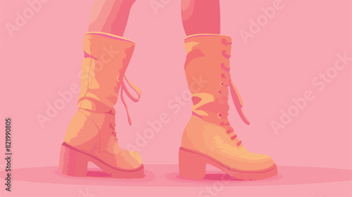 Female legs wearing stylish boots on pink background