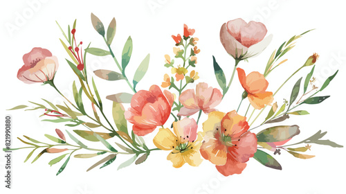 Wild flowers and leaves watercolor floral clip art. background