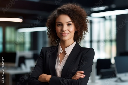 Portrait of smiling young businesswoman standing with arms crossed. Confident female professional is with curly hair at new office. She is in businesswear photo