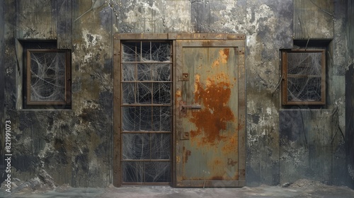 An old, rusty metal door set in a decaying concrete wall with broken window panes and barbed wire, evoking a sense of desolation and abandonment.