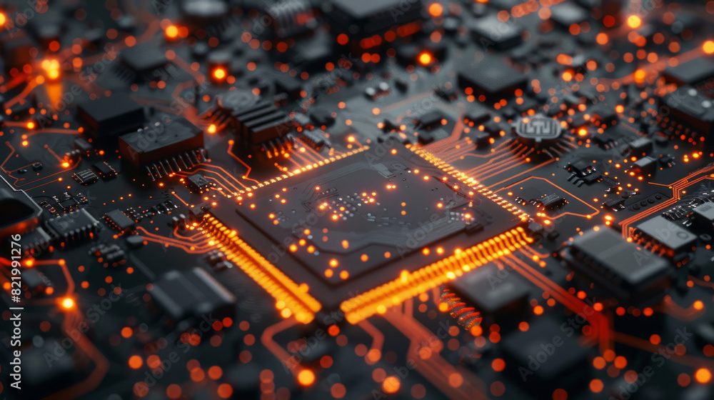 close-up of a computer microchip on a circuit board, with glowing orange lights indicating data flow and activity. The scene highlights advanced technology and electronics close-up of a computer microchip on a circuit board, with glowing orange lights indicating data flow and activity. The scene highlights advanced technology and electronics