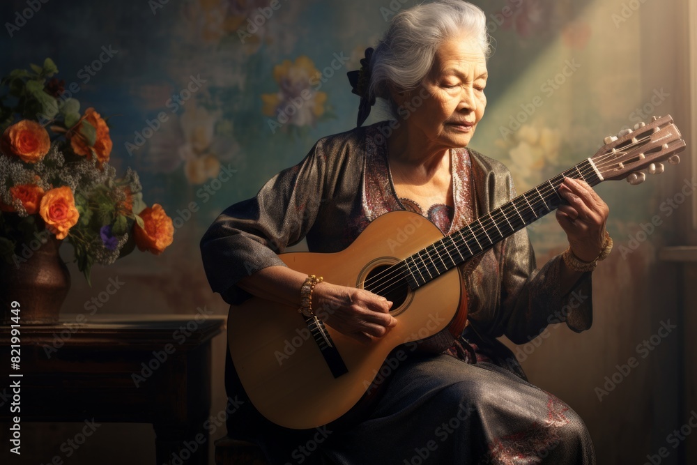 Obraz premium Portrait of a tender asian woman in her 80s playing the guitar on scandinavian-style interior background