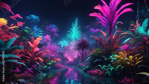 Neon-lit tropical forest with vivid-colored plants in a surreal, nighttime fantasy setting, showcasing a serene, glowing paradise